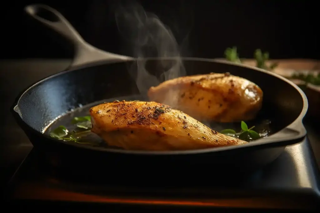 Chicken breasts sizzling in a skillet, being seared to a golden brown before adding marinara sauce