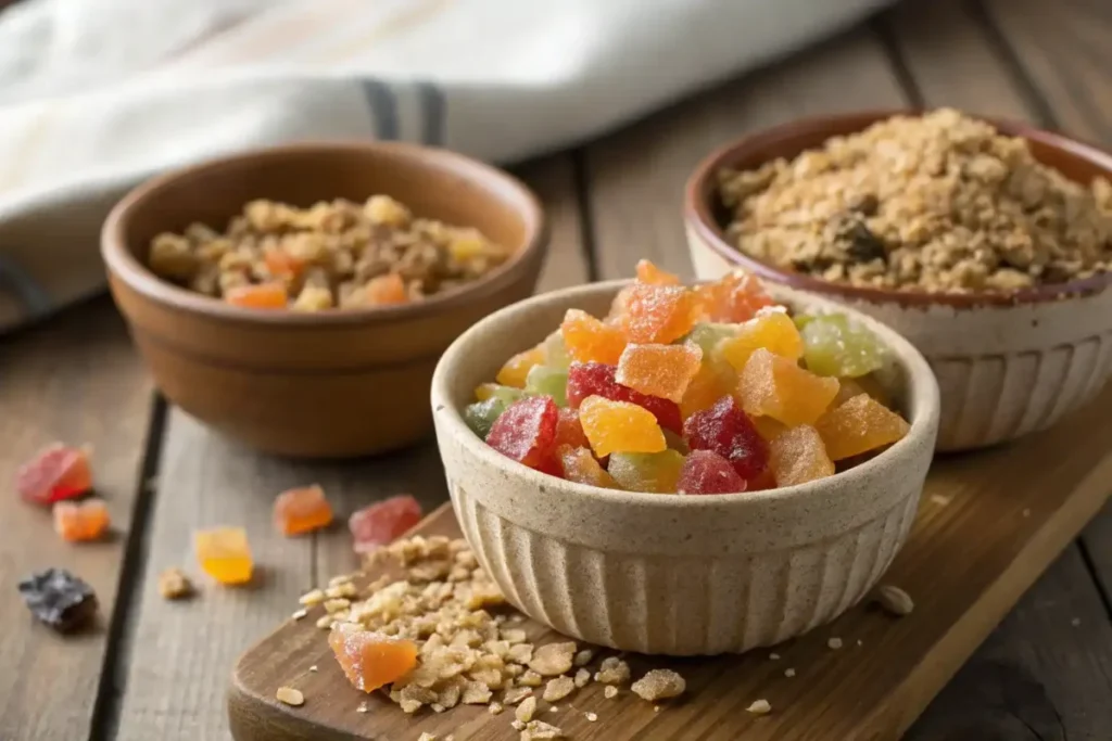 Candied citrus peel and crushed cereal as unique crunchy cake toppings