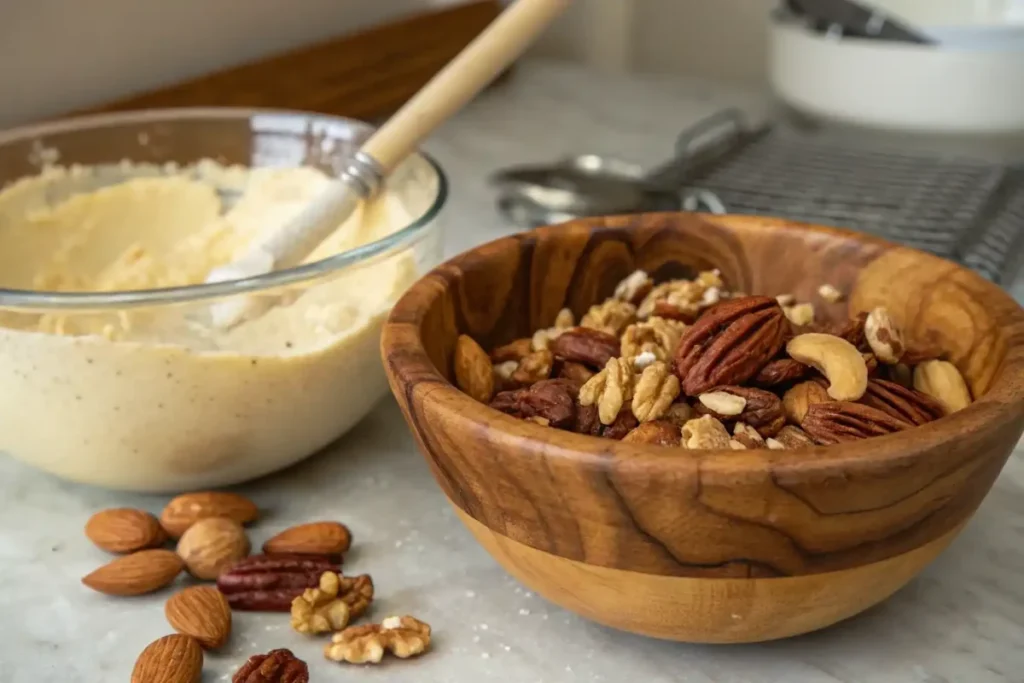 Glass bowl with toasted walnuts and almonds on a wooden counter