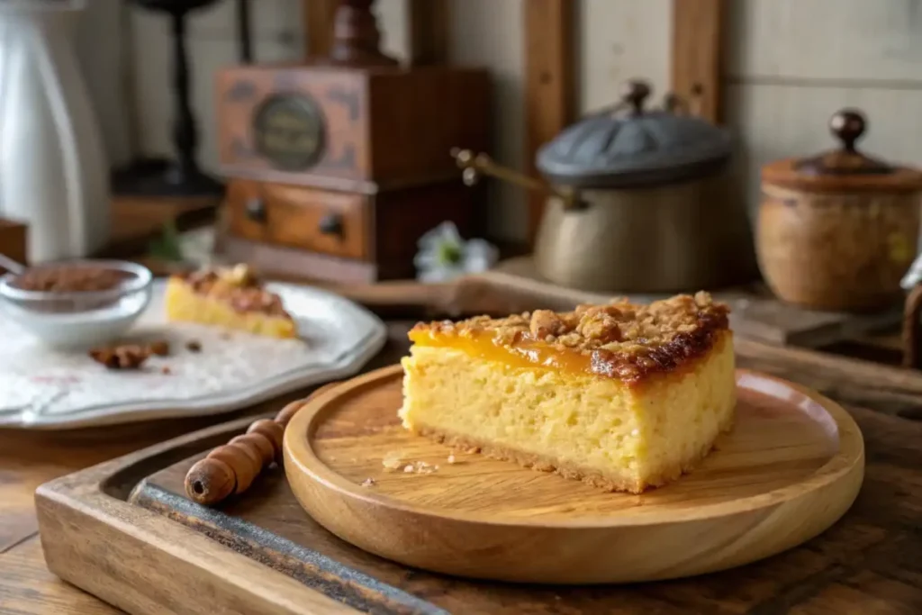 Sliced golden cake with streusel topping and tea on a wooden table