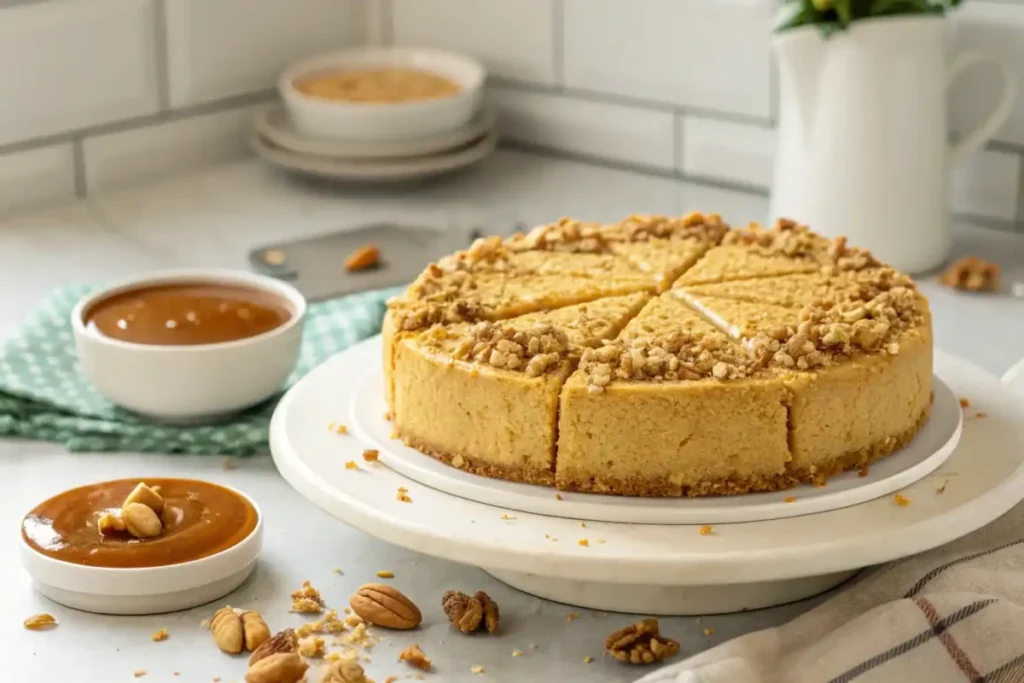 Golden streusel-topped cake sliced on a white plate