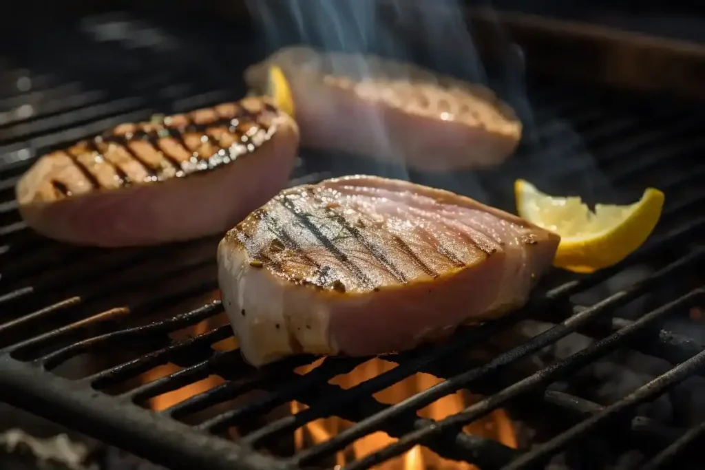 Fresh yellowtail tuna steaks sizzling on a grill with smoky char marks, brushed with a soy-lime marinade