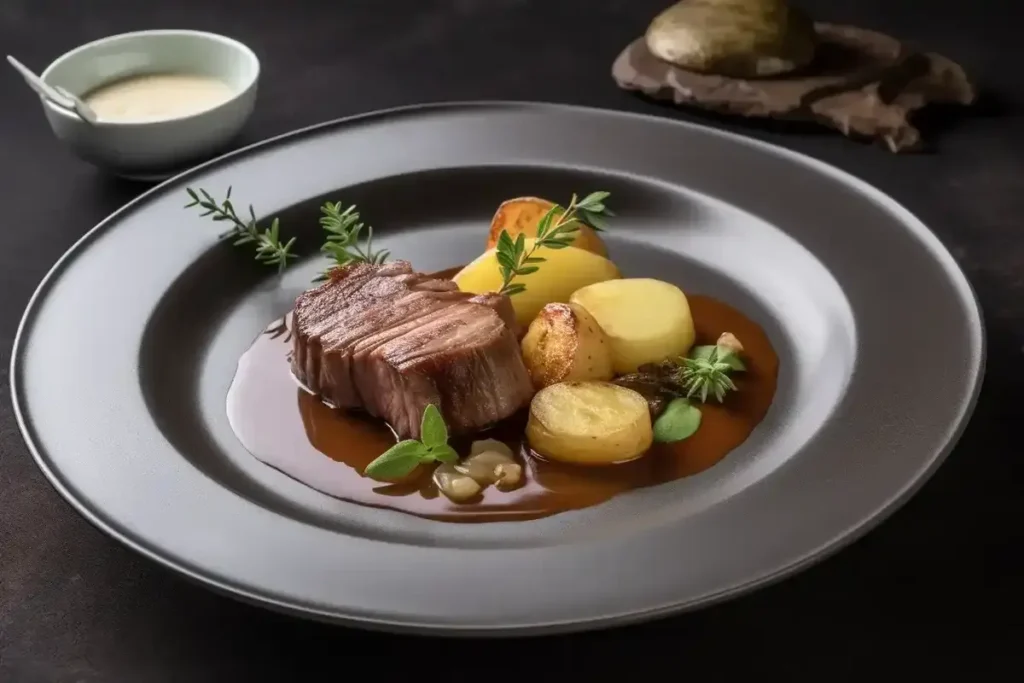 A plated dish of tender, slow-cooked lamb breast with roasted potatoes and a rich sauce.