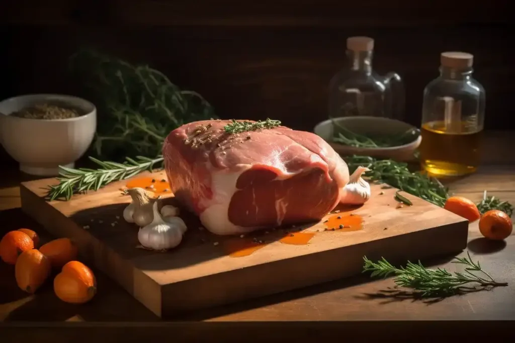 Fresh ingredients for cooking lamb breast, including lamb, olive oil, garlic, herbs, and vegetables.