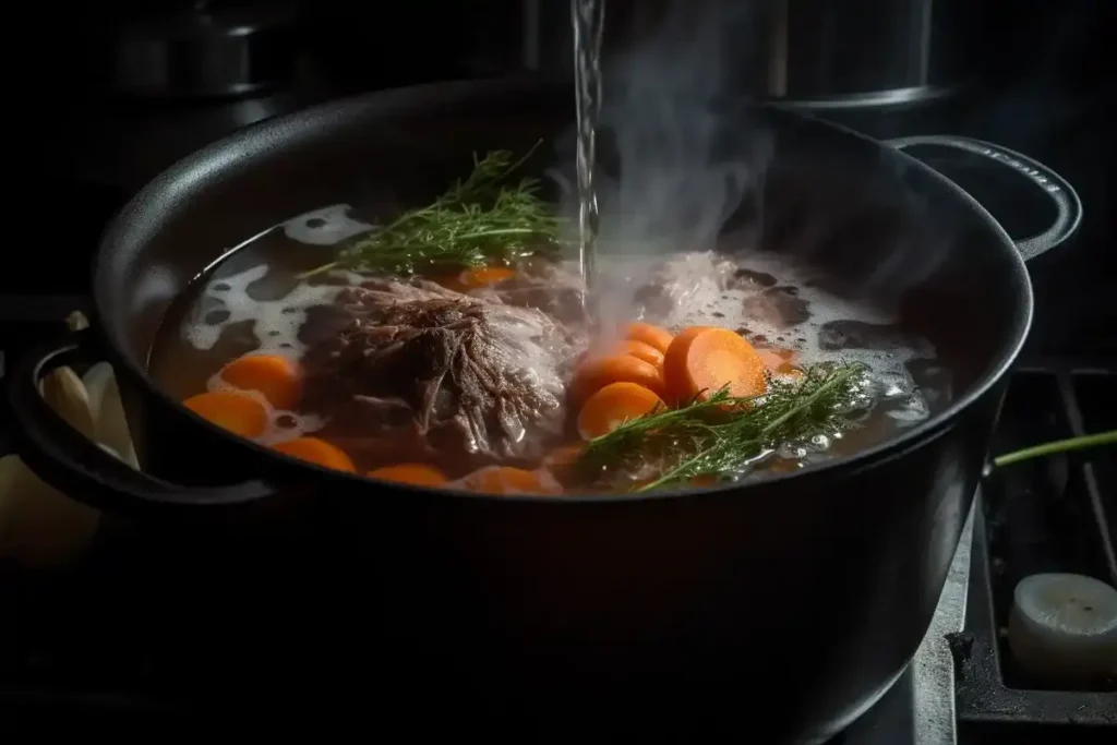 Lamb breast slowly cooking in a Dutch oven with broth, vegetables, and herbs