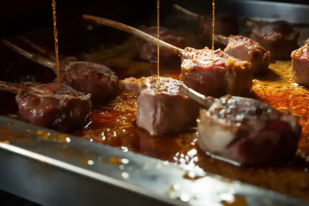 Lamb lollipops sizzling in a cast-iron skillet with garlic and rosemary.