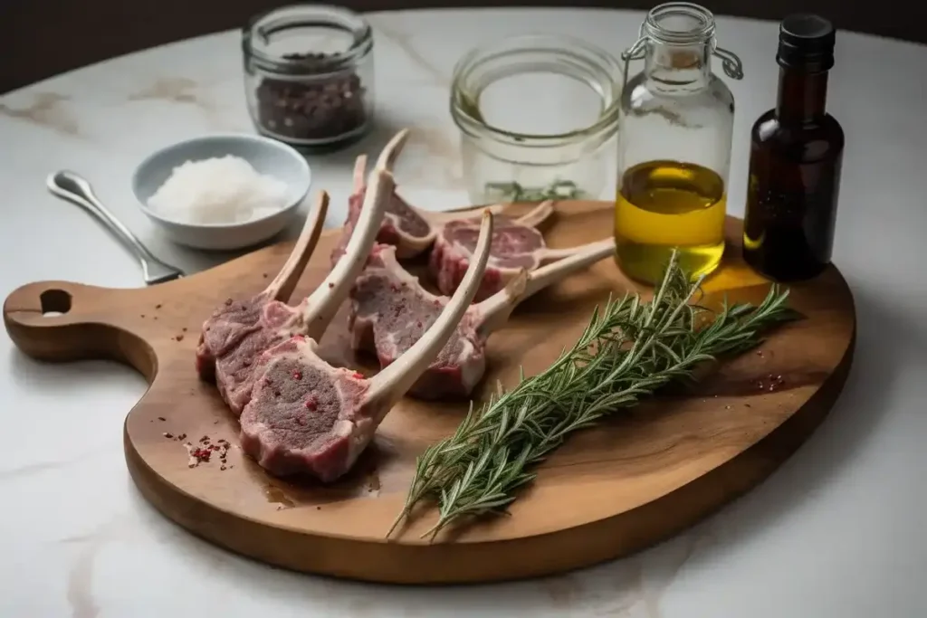 Fresh ingredients for making lamb lollipops, including lamb chops, olive oil, garlic, and herbs