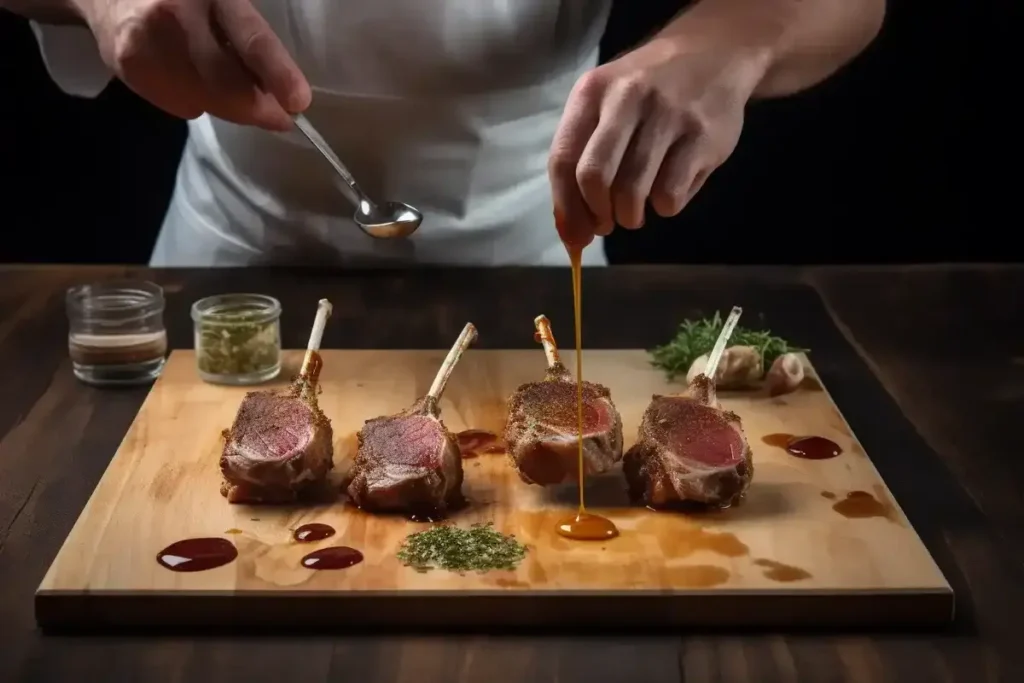 Chef seasoning lamb lollipops with olive oil, salt, pepper, and fresh herbs
