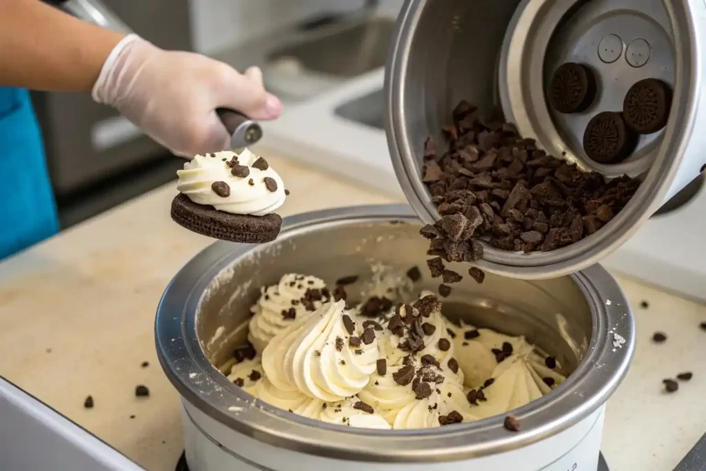 Adding Oreo cookies to the ice cream maker for homemade ice cream." or "Homemade Oreo ice cream coming out of the ice cream maker, creamy texture
