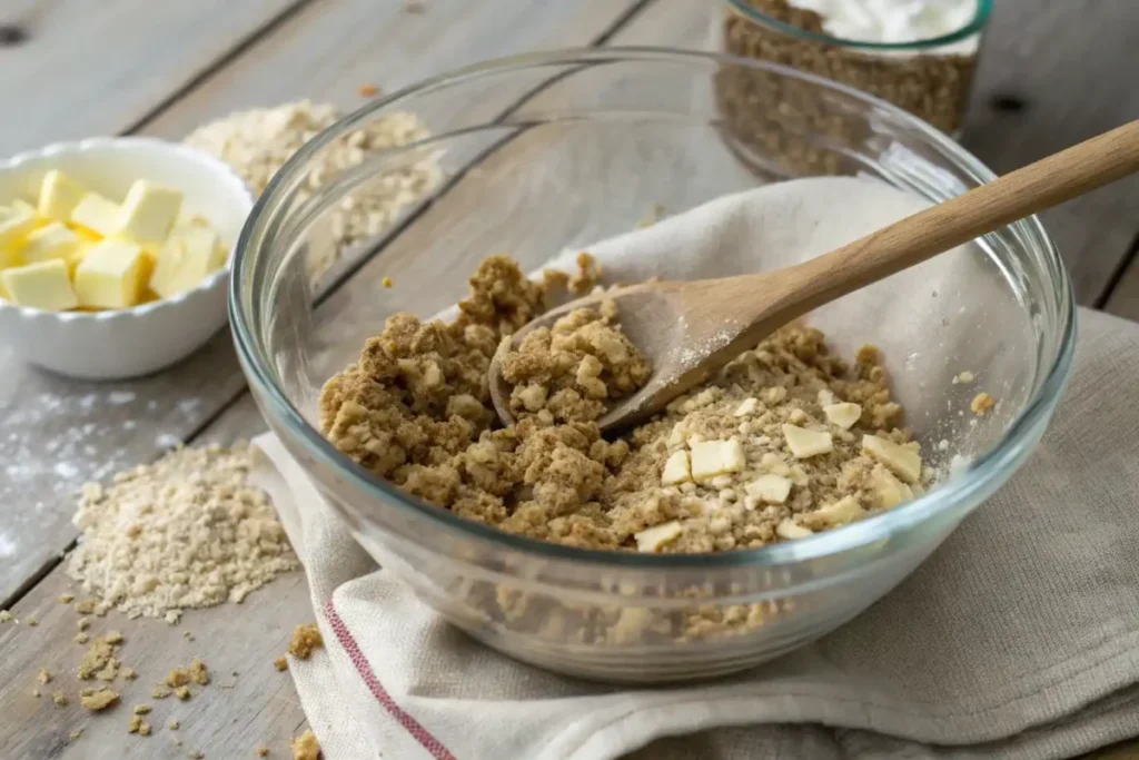 Mixing streusel ingredients in a glass bowl for cake topping