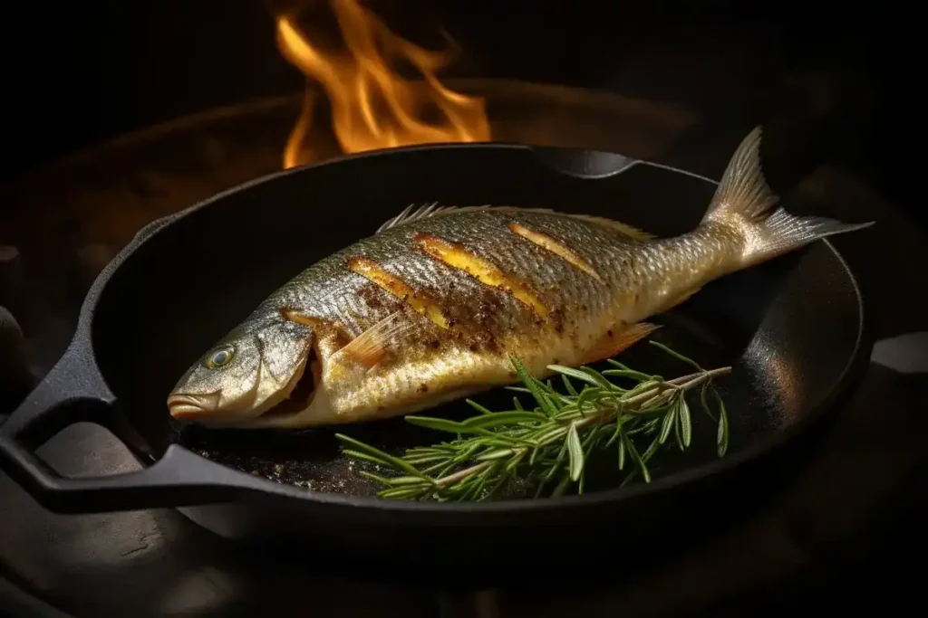 A whole sea bream sizzling in a pan, achieving a crispy golden crust.