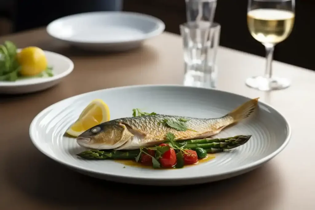 A plated dish of perfectly cooked sea bream with a side of roasted vegetables and lemon wedges.