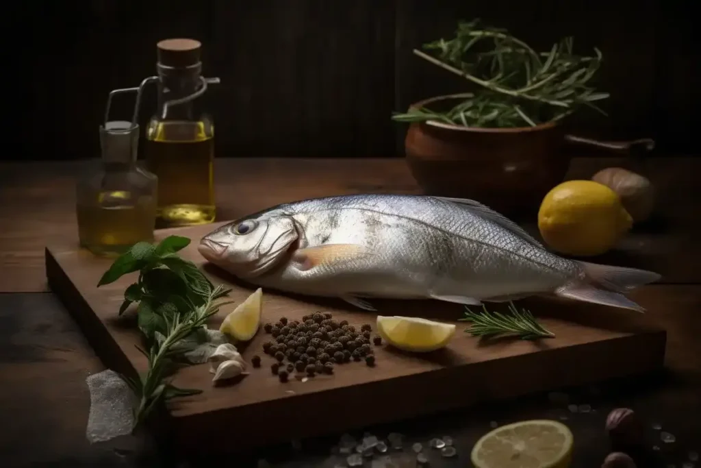 Fresh ingredients for cooking sea bream, including whole fish, lemon, garlic, olive oil, and herbs.