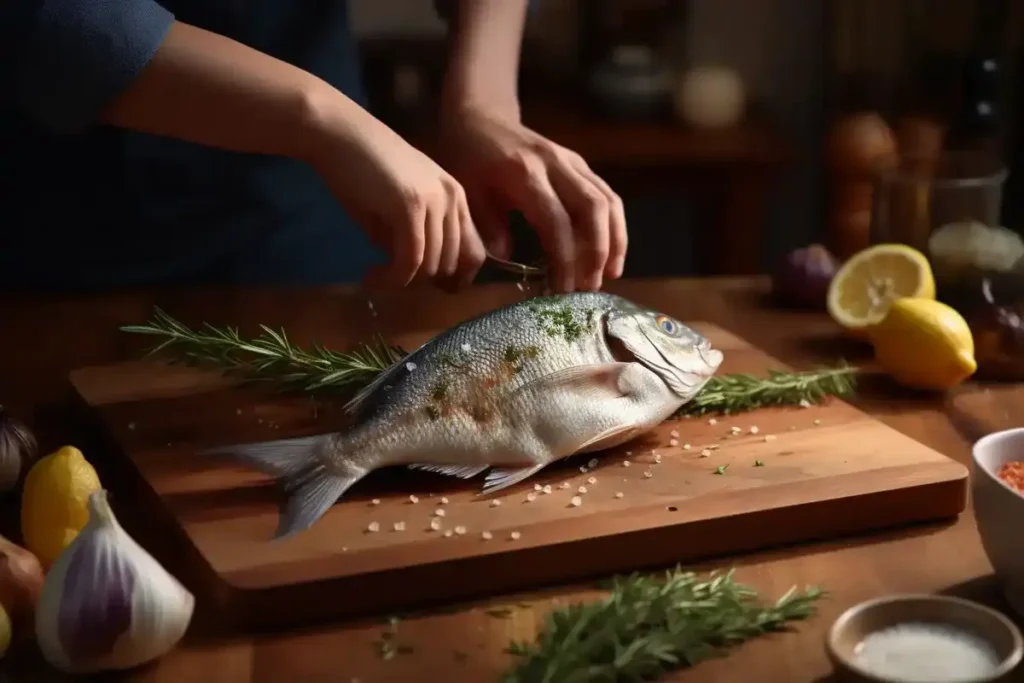 Whole sea bream being seasoned with olive oil, garlic, and herbs on a wooden cutting board