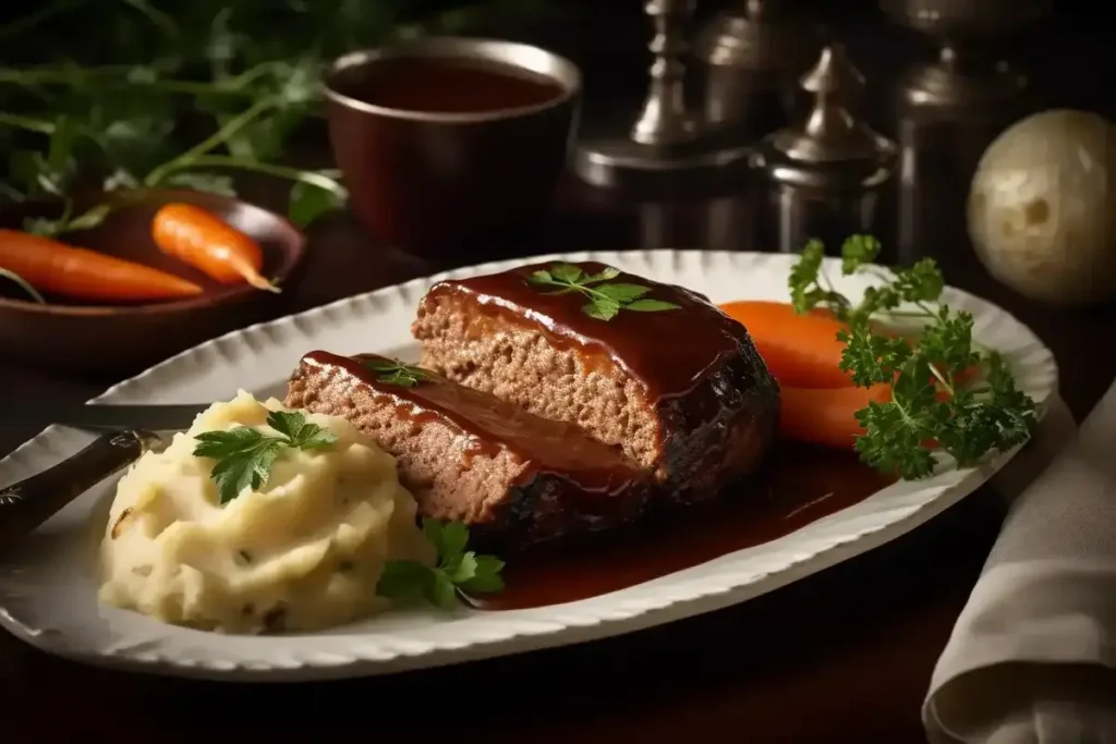 Beautifully plated smoked meatloaf slices with barbecue sauce glaze, served with mashed potatoes and vegetables