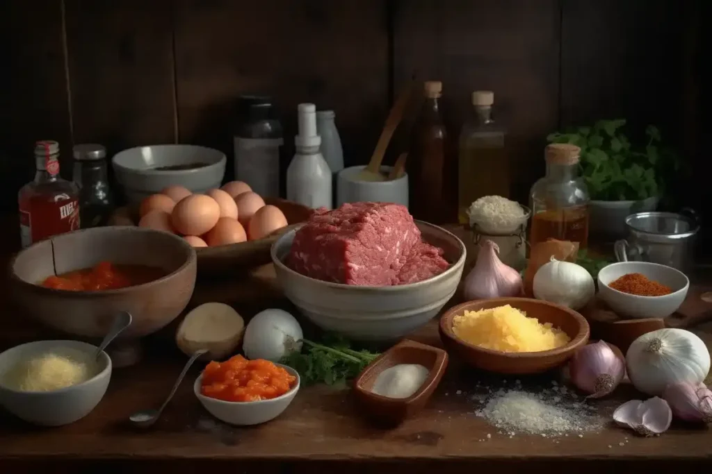 Fresh ingredients for smoked meatloaf, including ground beef, pork, breadcrumbs, eggs, and seasonings