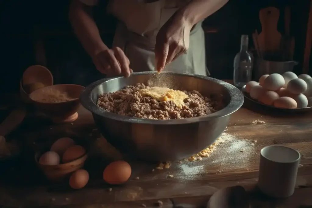 Hands mixing ground meat with seasonings in a large bowl, preparing the meatloaf mixture