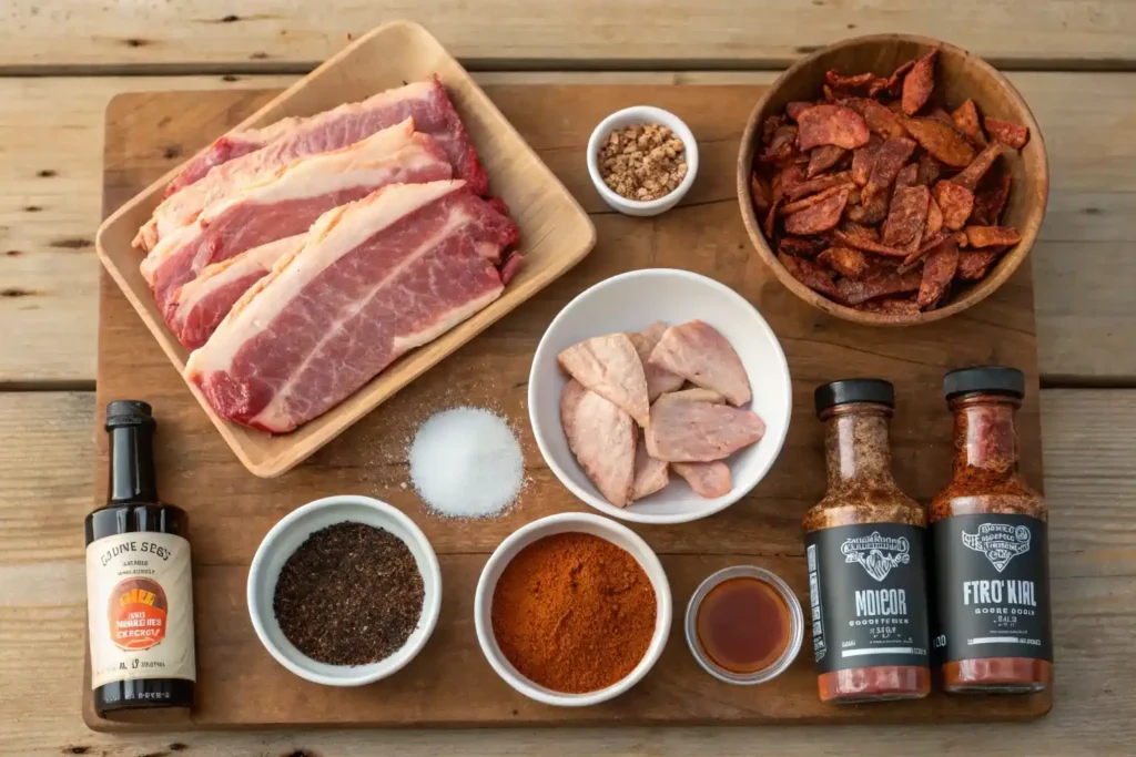 Ingredients for smoked meats including brisket, pork ribs, spices, and wood chips on a rustic wooden table