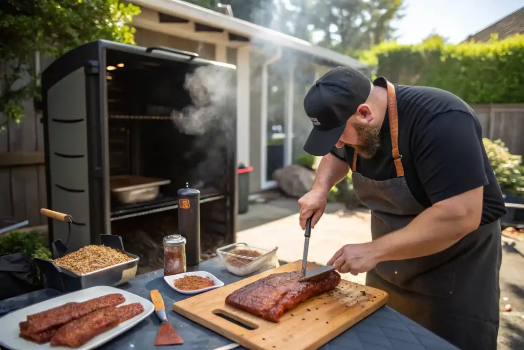 Cook applying dry rub spices to a brisket with ribs and marinade nearby