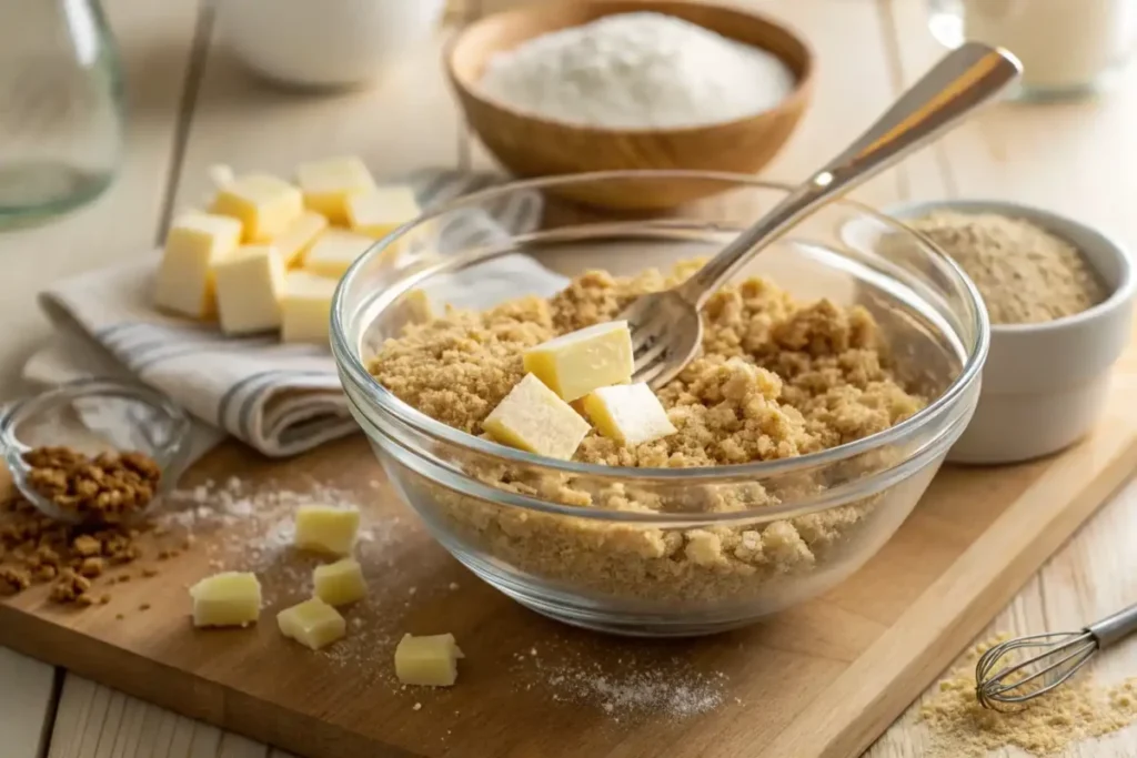 Close-up of streusel topping being mixed in a glass bowl