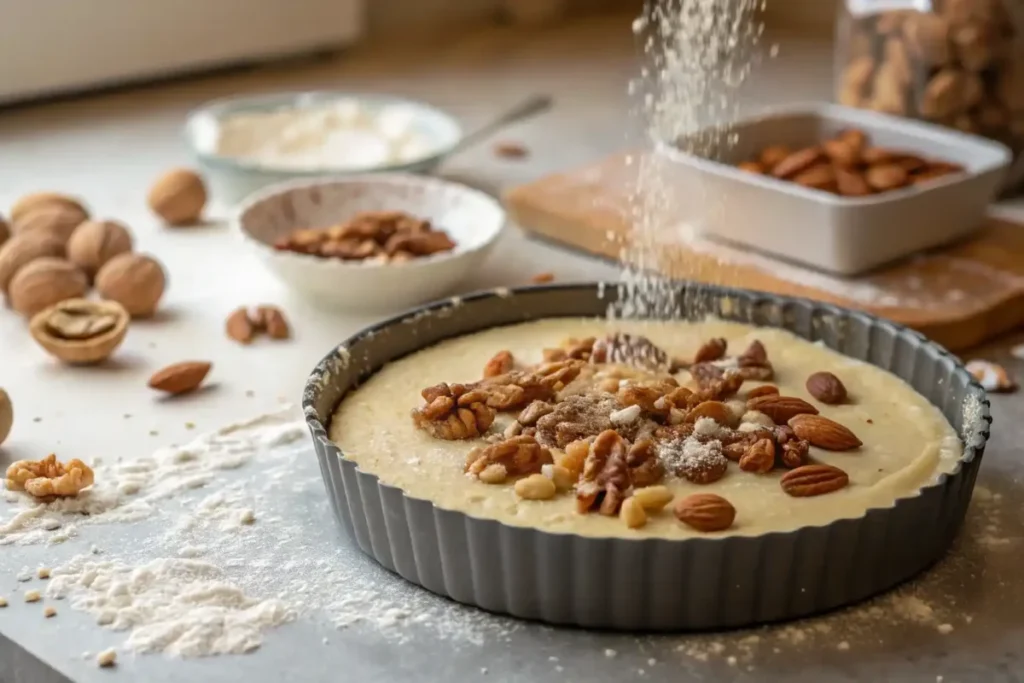 Close-up of hands adding toasted nuts onto a cake batter