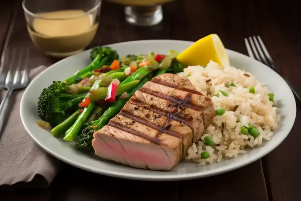 A perfectly plated yellowtail tuna steak with grilled asparagus, roasted bell peppers, quinoa, and a drizzle of lemon butter sauce