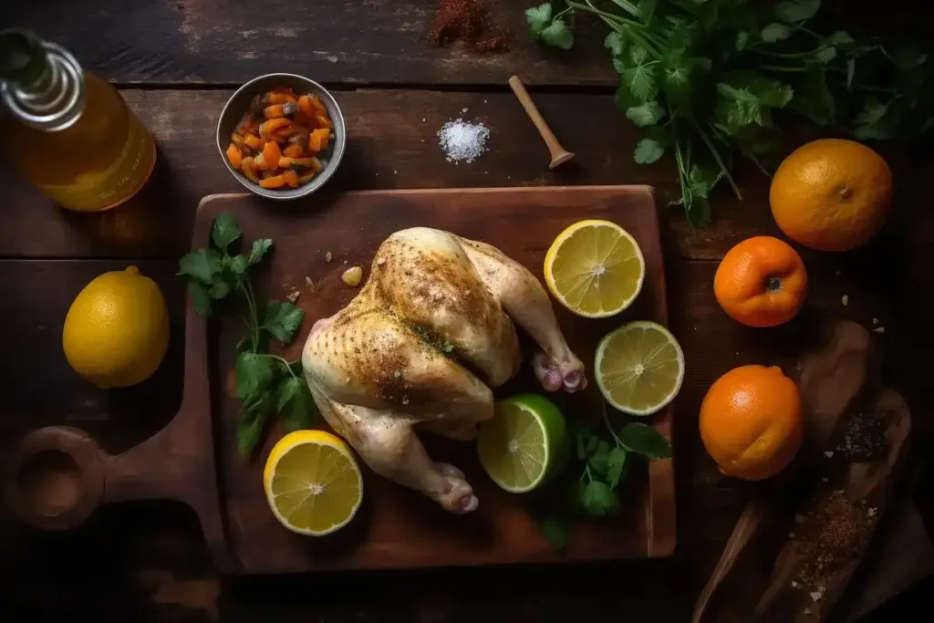 Fresh ingredients for a pollo asado marinade including citrus, garlic, and spices