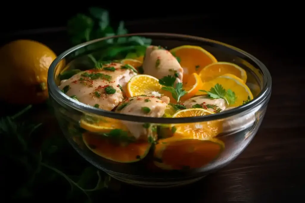 Raw chicken marinating in a citrus and spice mixture in a glass bowl