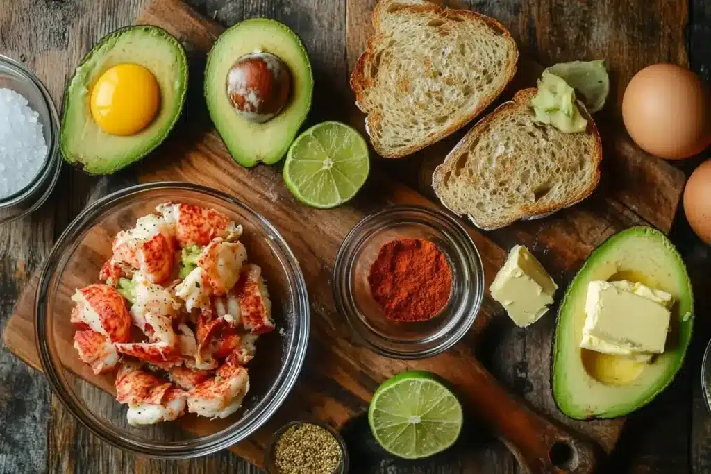 Ingredients for Lobster Avocado Toast Benedict recipe with lobster meat, avocado, bread, butter, lime, eggs, and spices on a rustic table