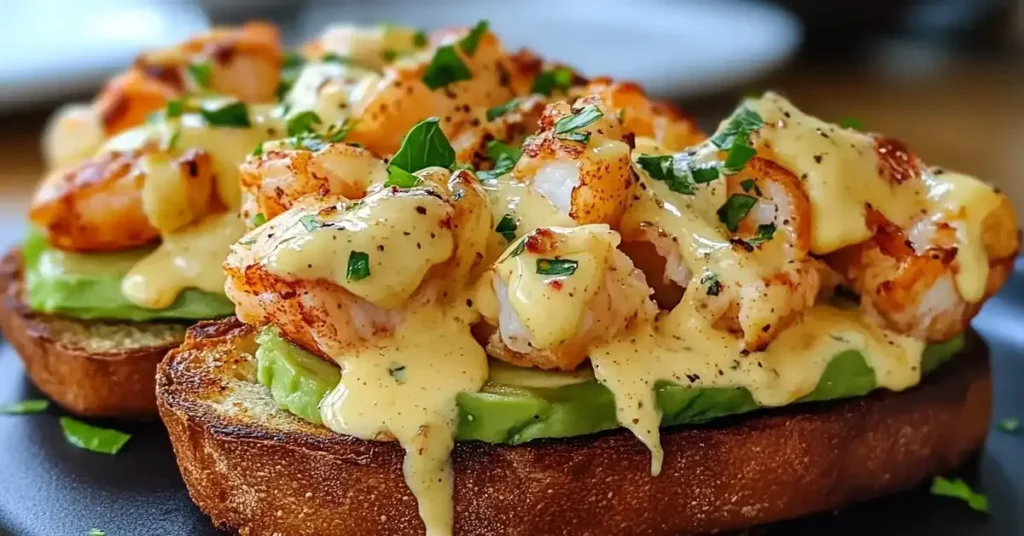 Lobster Avocado Toast Benedict with poached eggs, hollandaise sauce, and fresh herbs on toasted English muffins