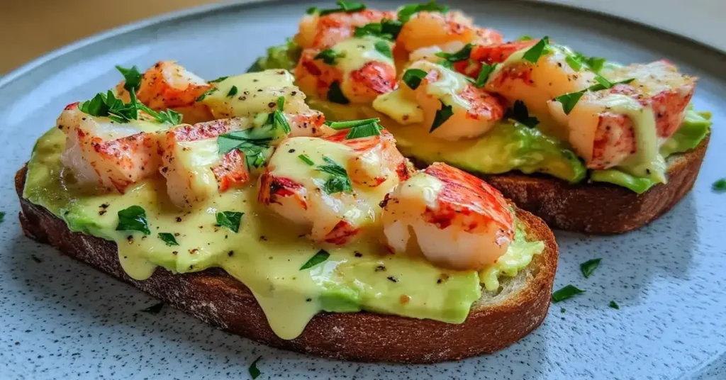 Lobster Avocado Toast Benedict with mashed avocado, lobster meat, and hollandaise on toasted bread.